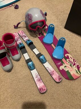 American Girl Pink Purple Blue Snowboard and Ski Set